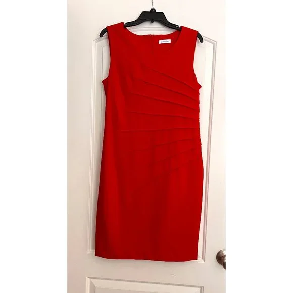 Calvin Klein Red Cocktail Party Sheath Dress w/ pleated design Sz 10 Calvin Klein Red Cocktail Party Sheath Dress w/ pleated design Sz 10